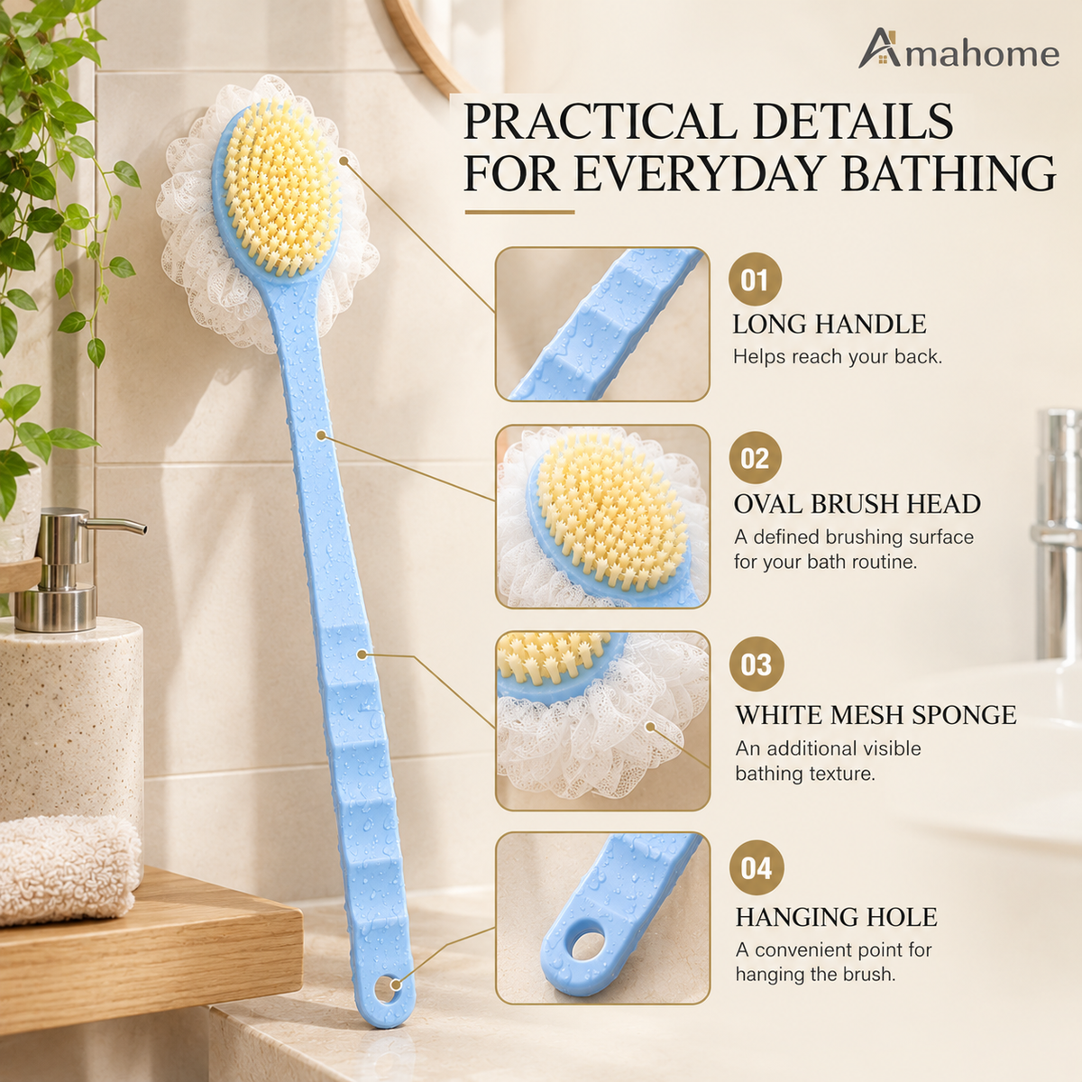 Long Handle Shower Brush with Soft Bristles & Body Scrubber