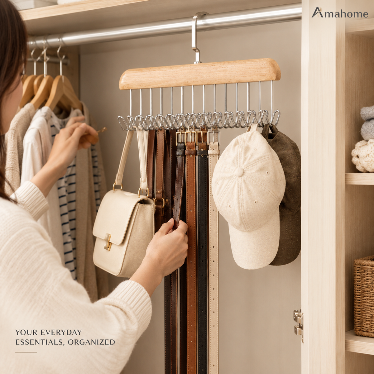 Multi-Hook Wooden Closet Organizer Hanger – Space-Saving Wardrobe Storage Rack for Bags, Caps & Accessories