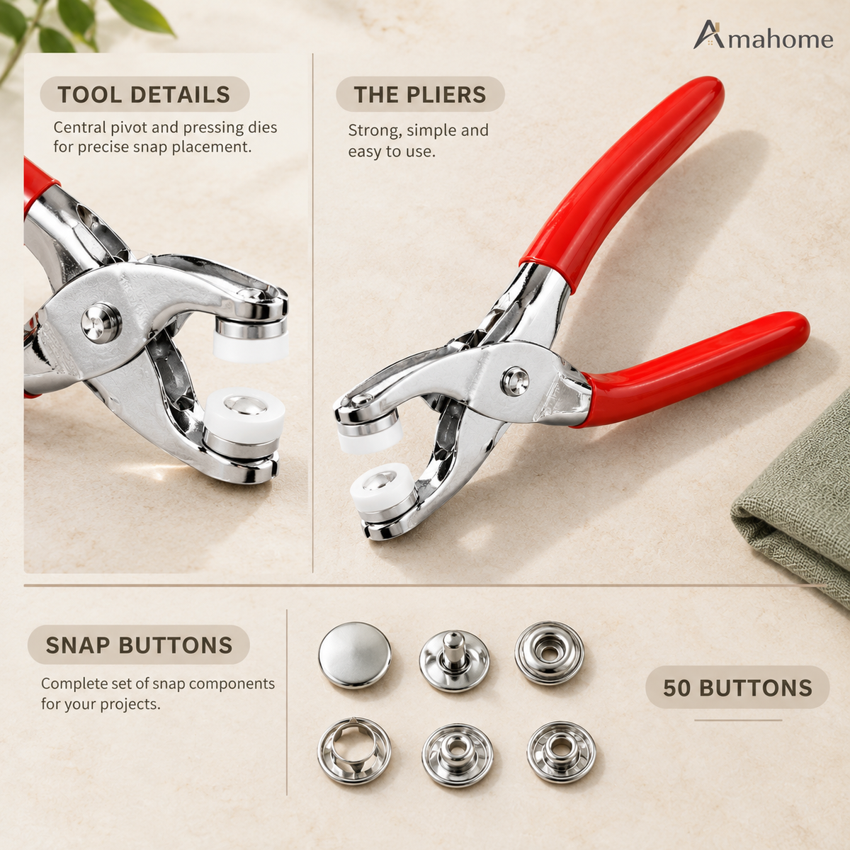 Snap Button Pliers Kit with 50 Metal Buttons – No-Sew Clothing Fastener & Button Installation Tool