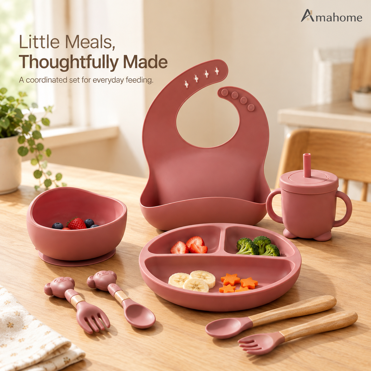 Premium Silicone Baby Feeding Set - Non-Slip Suction Bowl & Divided Plate, Waterproof Adjustable Bib, Sippy Cup & Utensils (BPA-Free)