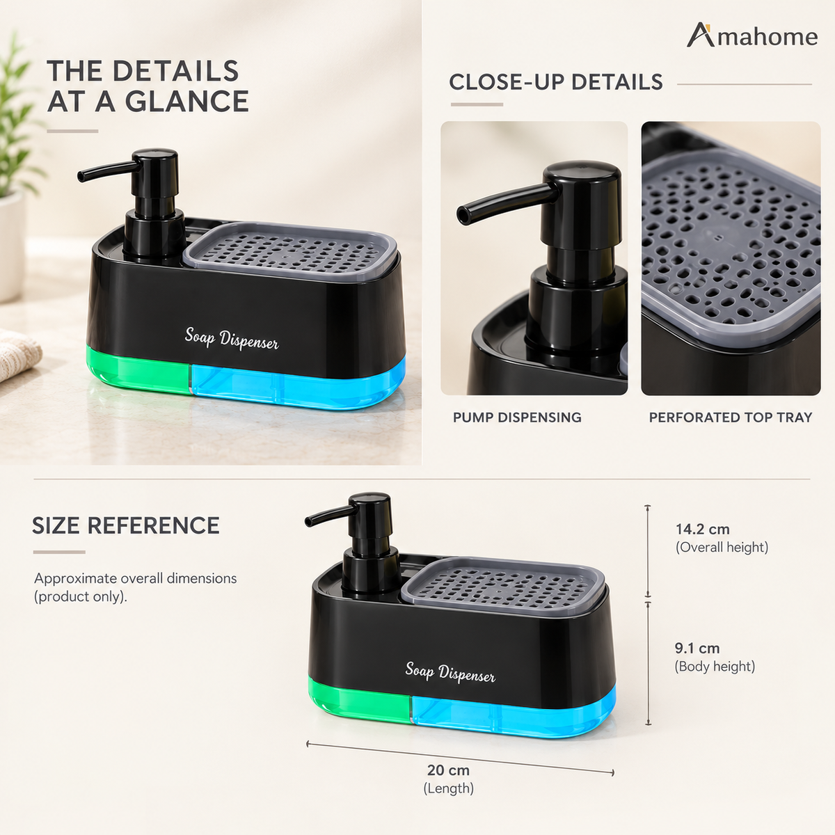 2-in-1 Kitchen Dish Soap Pump Dispenser with Sponge Holder Tray - Dual Compartment Large Capacity Liquid Soap Dispenser for Countertop