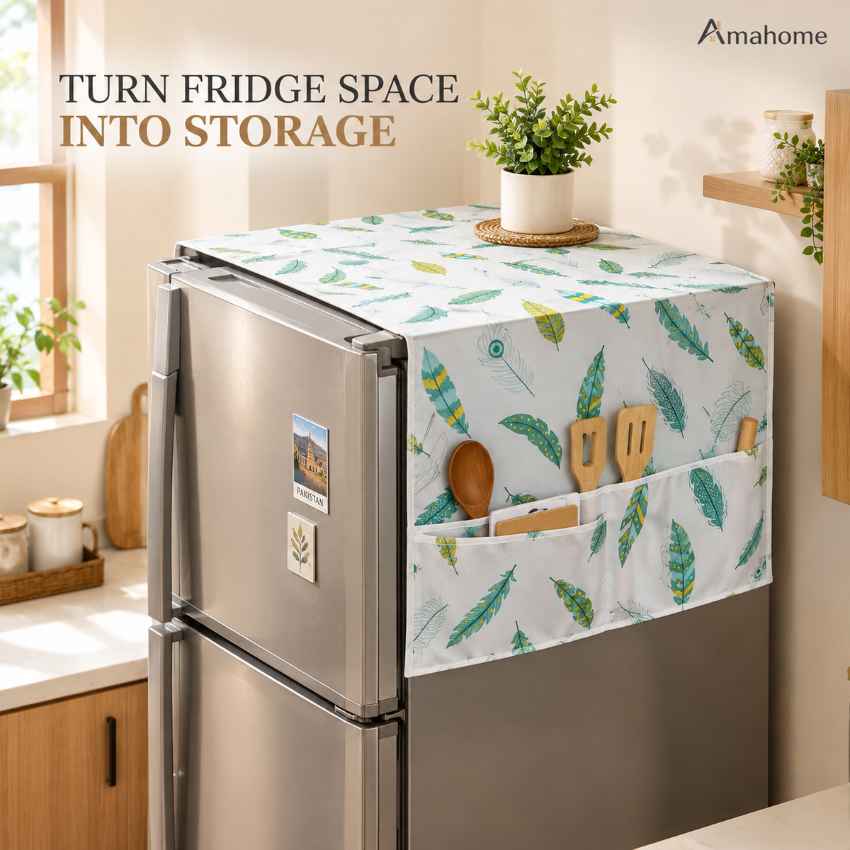 Refrigerator Cover & Storage Organizer – Feather Print