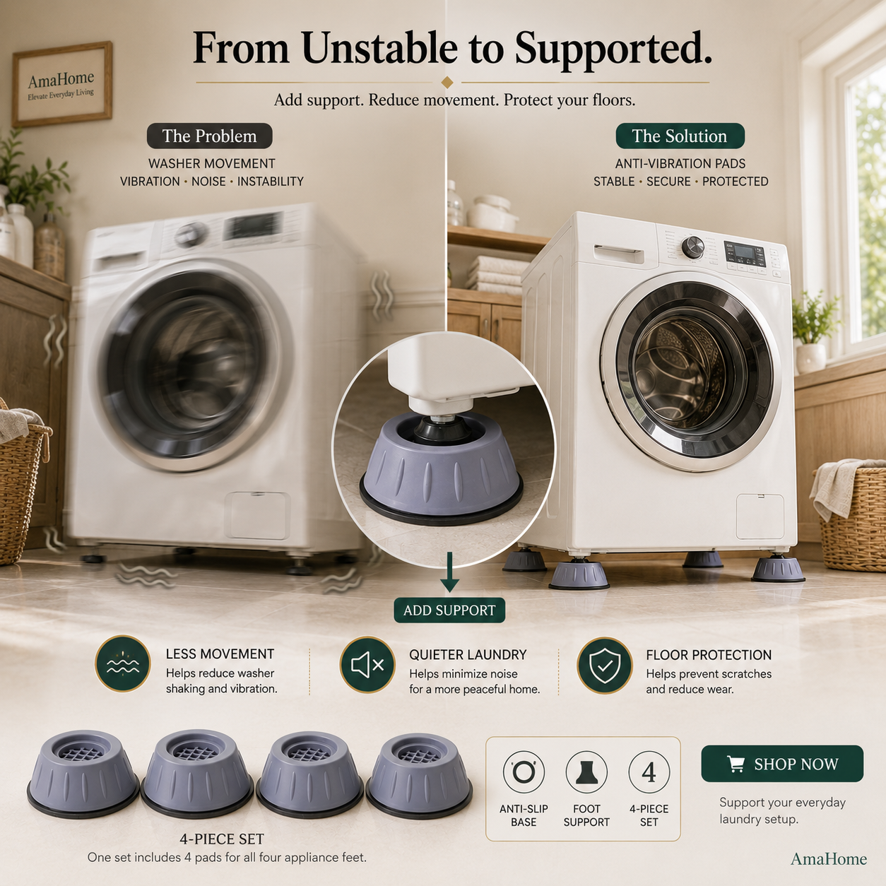 AmaHome Universal Anti-Vibration Pads for Washing Machines (4-Piece Set)