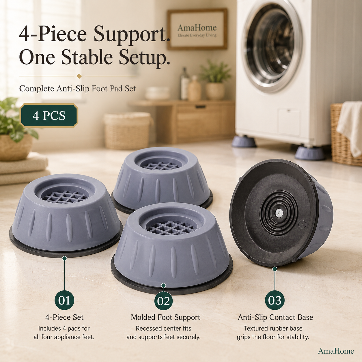 AmaHome Universal Anti-Vibration Pads for Washing Machines (4-Piece Set)