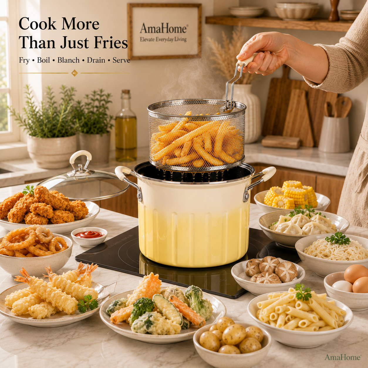 AmaHome Multi-Function Deep Fry Pot with Stainless Steel Basket Set