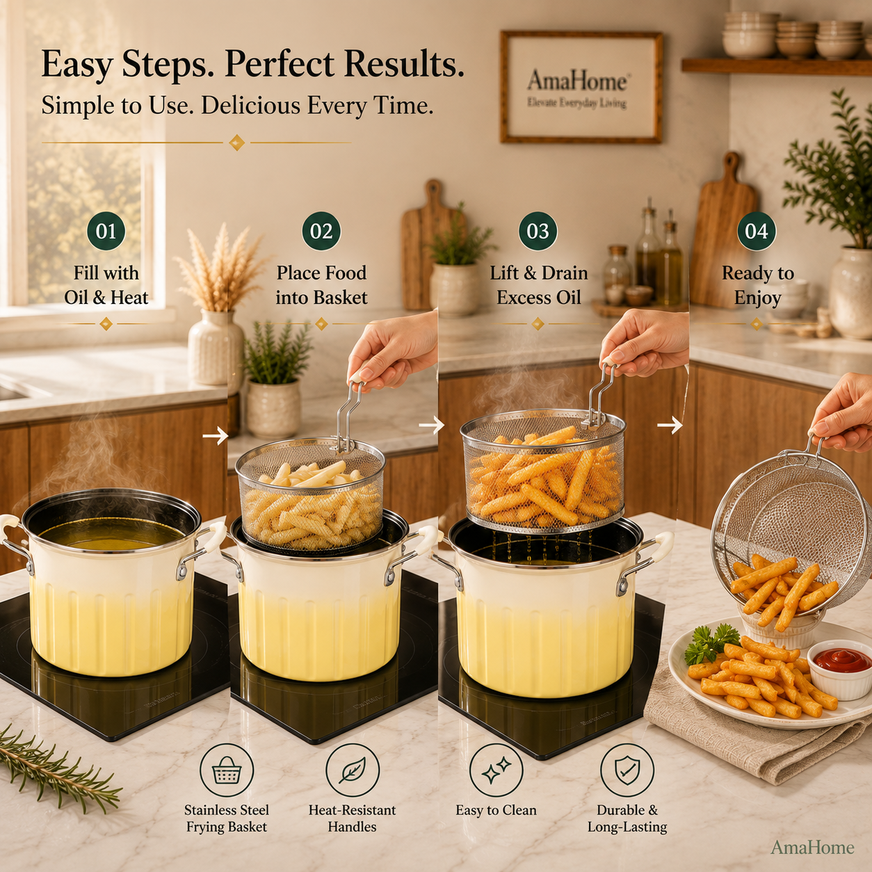AmaHome Multi-Function Deep Fry Pot with Stainless Steel Basket Set