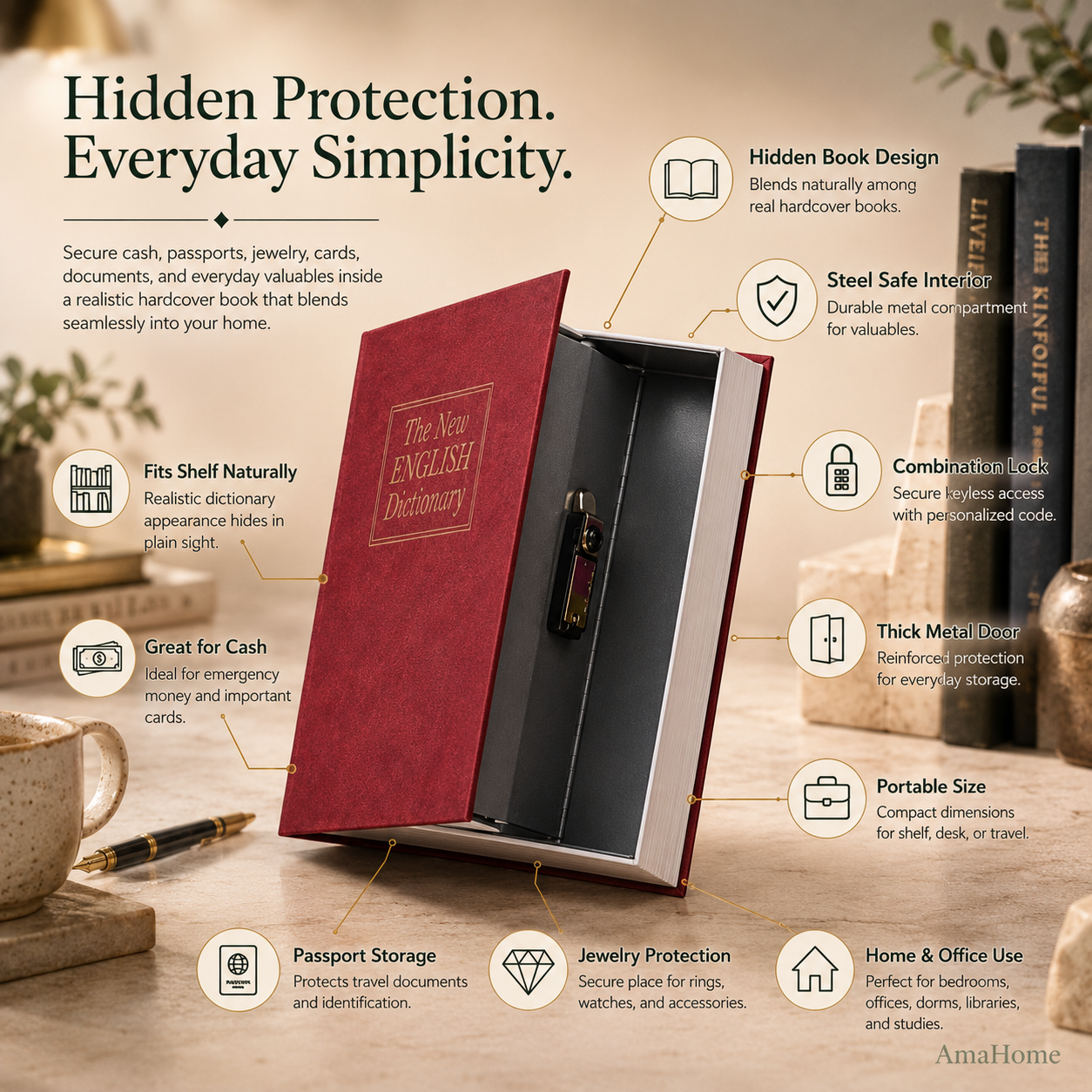 AmaHome Book Safe with Combination Lock – Realistic Dictionary Secret Safe