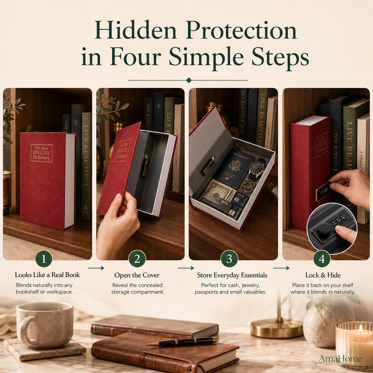 AmaHome Book Safe with Combination Lock – Realistic Dictionary Secret Safe