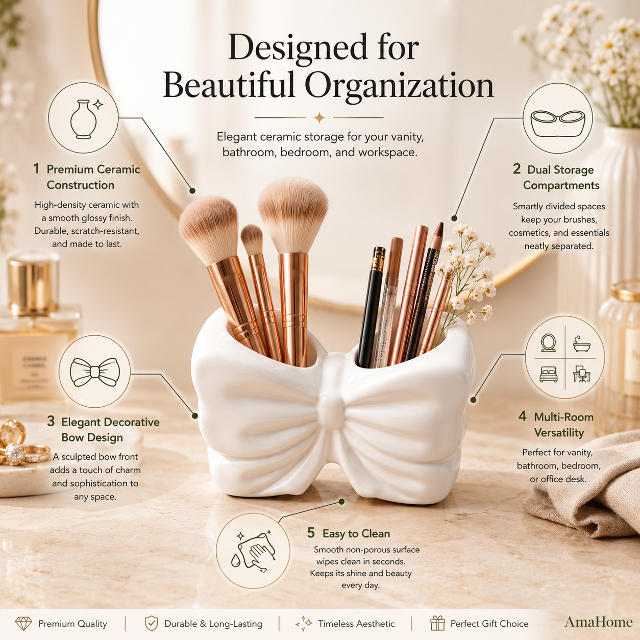 AmaHome Ceramic Bow Makeup Brush Holder – Dual Compartment Vanity Organizer