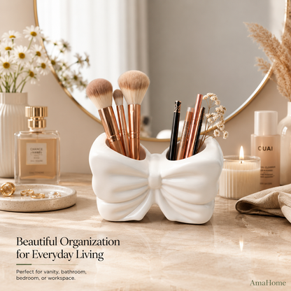 AmaHome Ceramic Bow Makeup Brush Holder – Dual Compartment Vanity Organizer