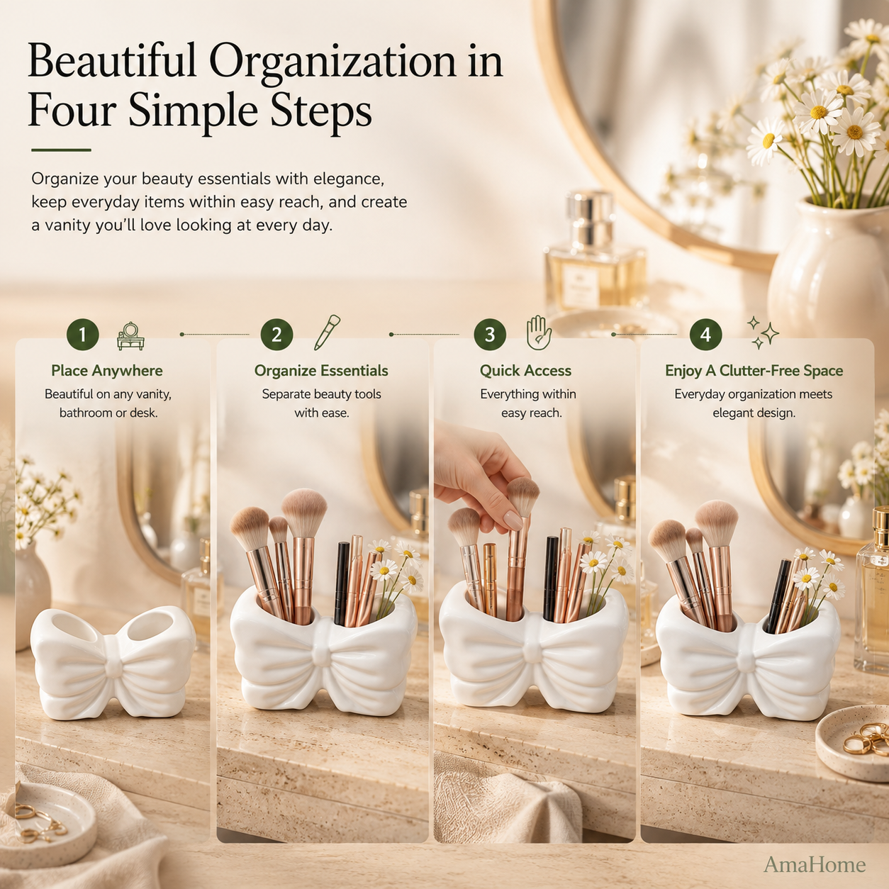 AmaHome Ceramic Bow Makeup Brush Holder – Dual Compartment Vanity Organizer