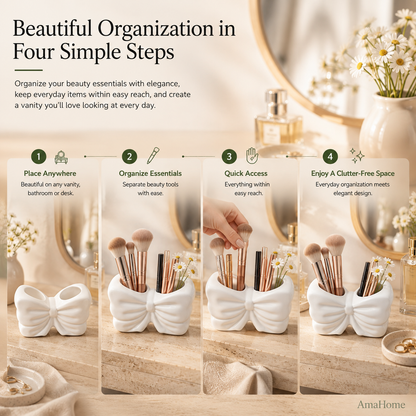 AmaHome Ceramic Bow Makeup Brush Holder – Dual Compartment Vanity Organizer