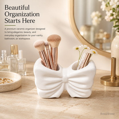 AmaHome Ceramic Bow Makeup Brush Holder – Dual Compartment Vanity Organizer