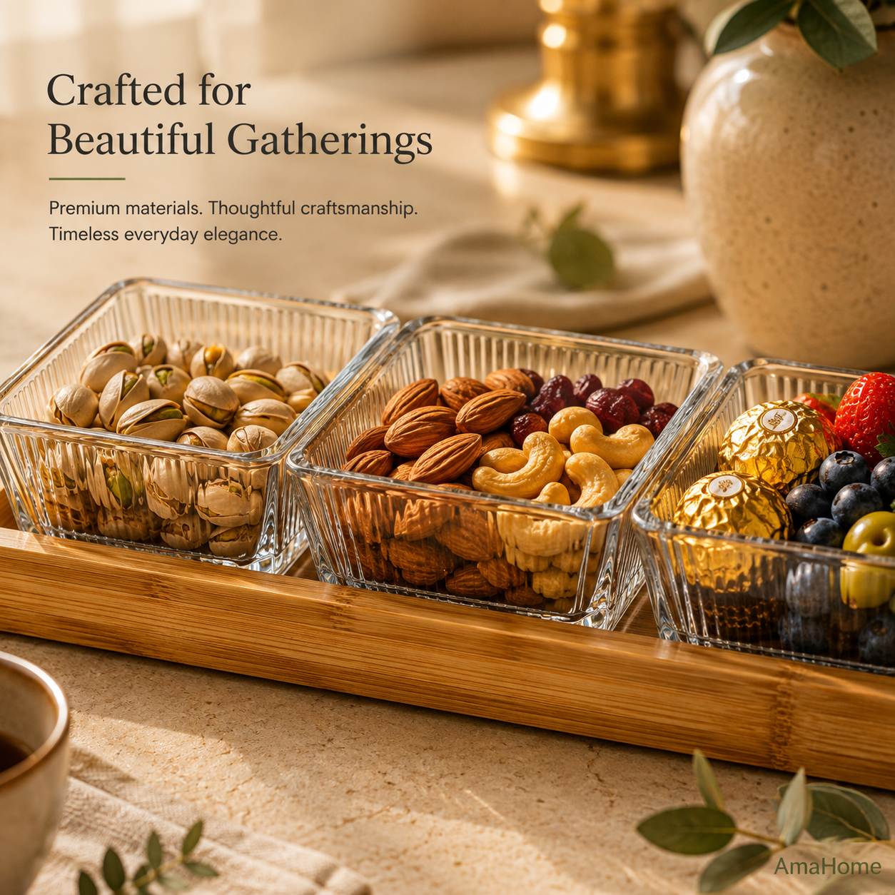 AmaHome 3-Compartment Ribbed Glass Serving Set with Natural Bamboo Tray
