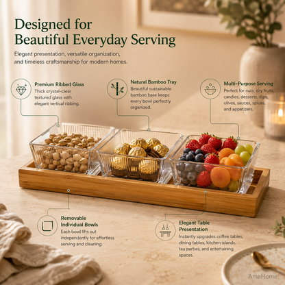 AmaHome 3-Compartment Ribbed Glass Serving Set with Natural Bamboo Tray