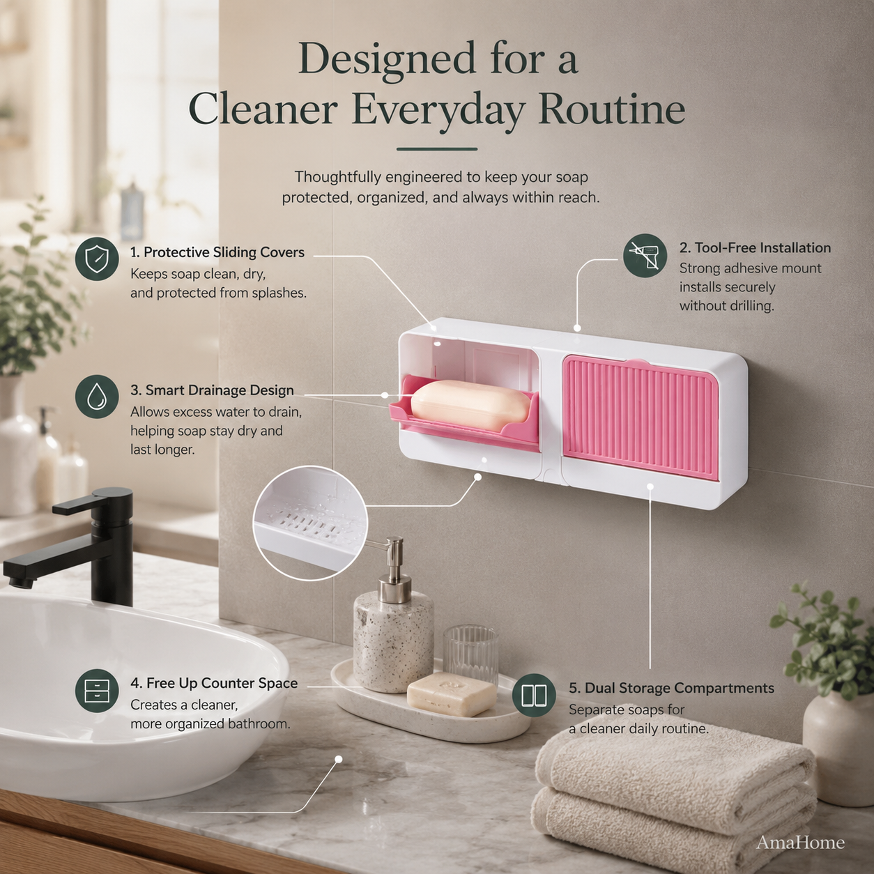 AmaHome Dual Wall-Mounted Soap Dish Organizer with Protective Sliding Covers