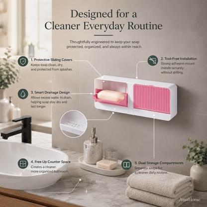 AmaHome Dual Wall-Mounted Soap Dish Organizer with Protective Sliding Covers