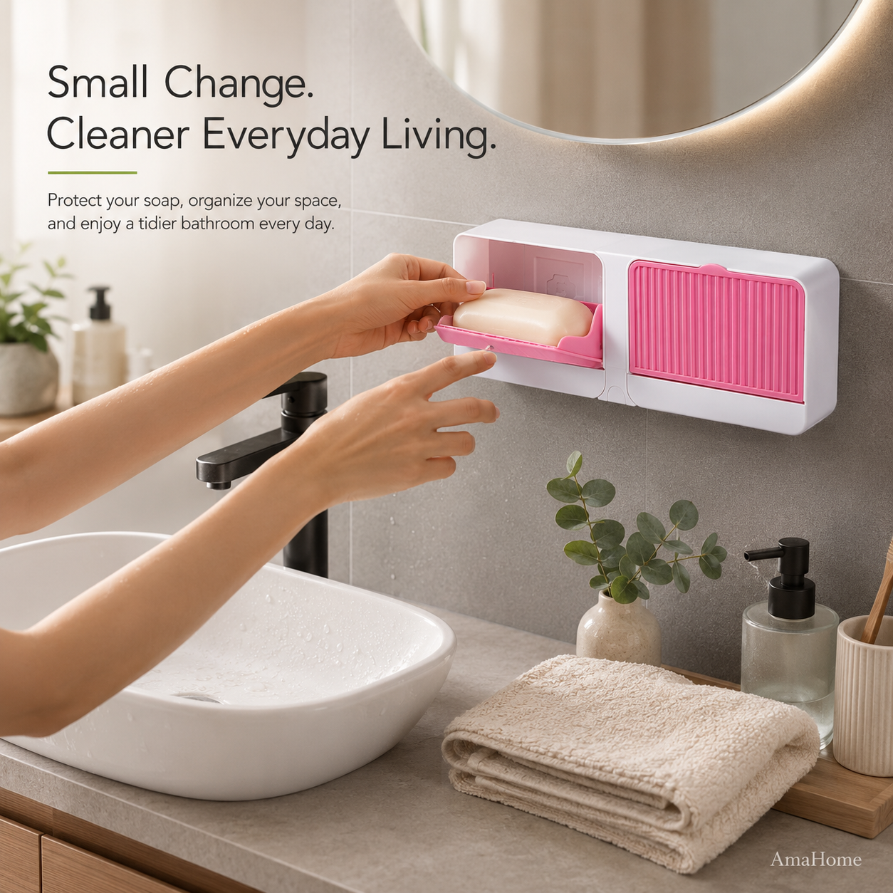 AmaHome Dual Wall-Mounted Soap Dish Organizer with Protective Sliding Covers