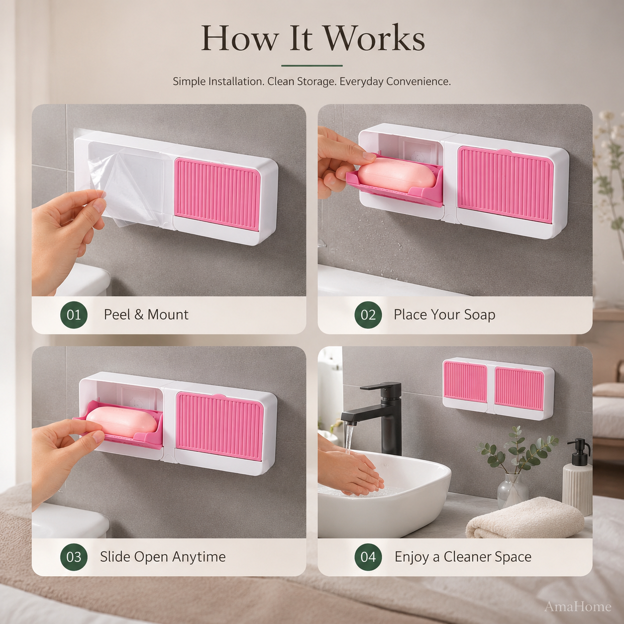 AmaHome Dual Wall-Mounted Soap Dish Organizer with Protective Sliding Covers