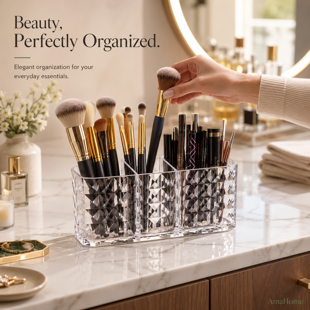 AmaHome 3-Compartment Acrylic Makeup Organizer – Diamond Texture Vanity Holder