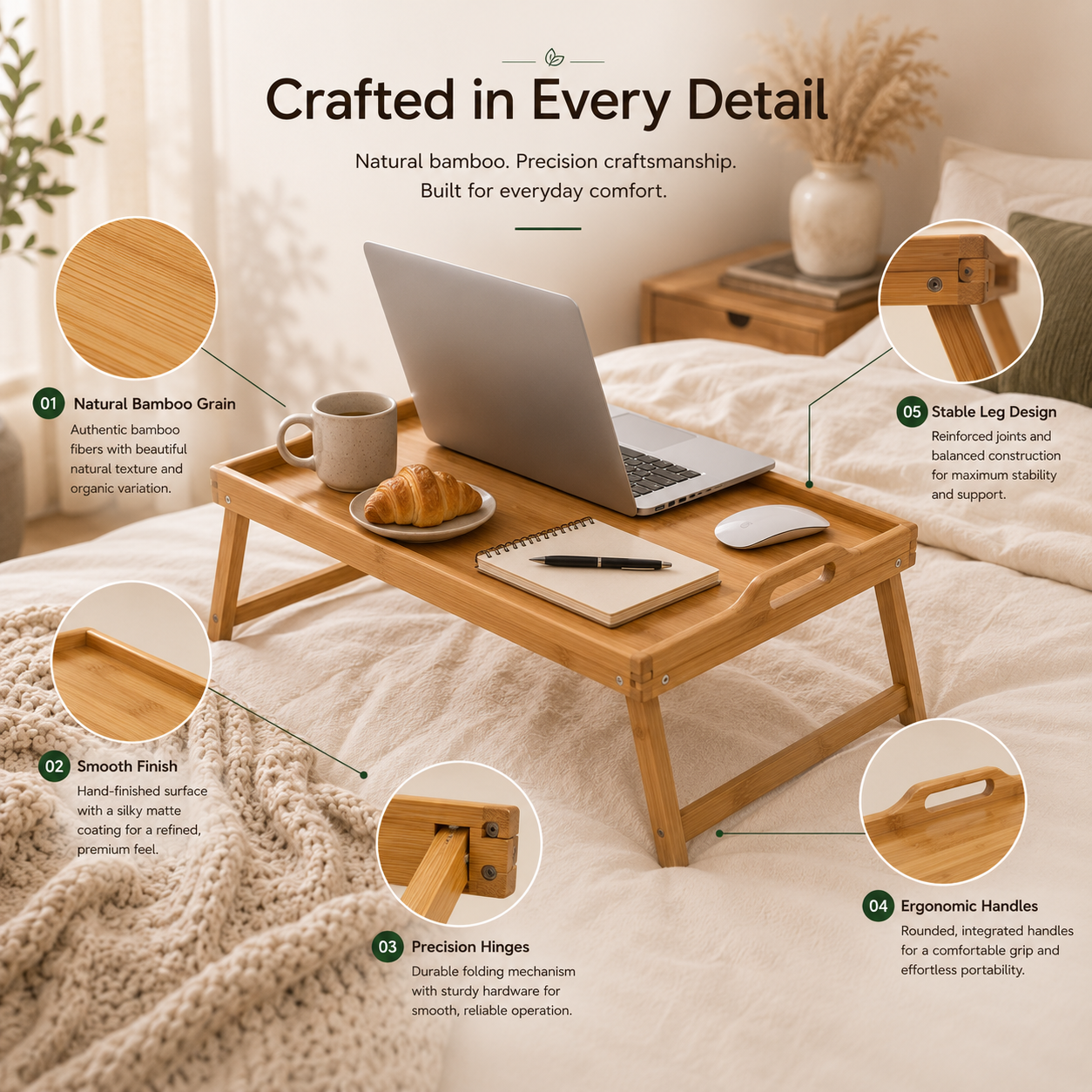 AmaHome Bamboo Bed Tray Table – Folding Laptop Desk and Breakfast Serving Tray