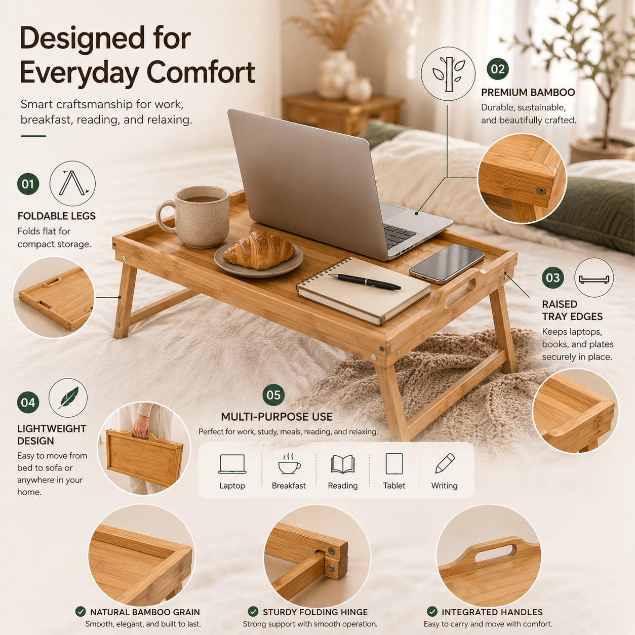AmaHome Bamboo Bed Tray Table – Folding Laptop Desk and Breakfast Serving Tray