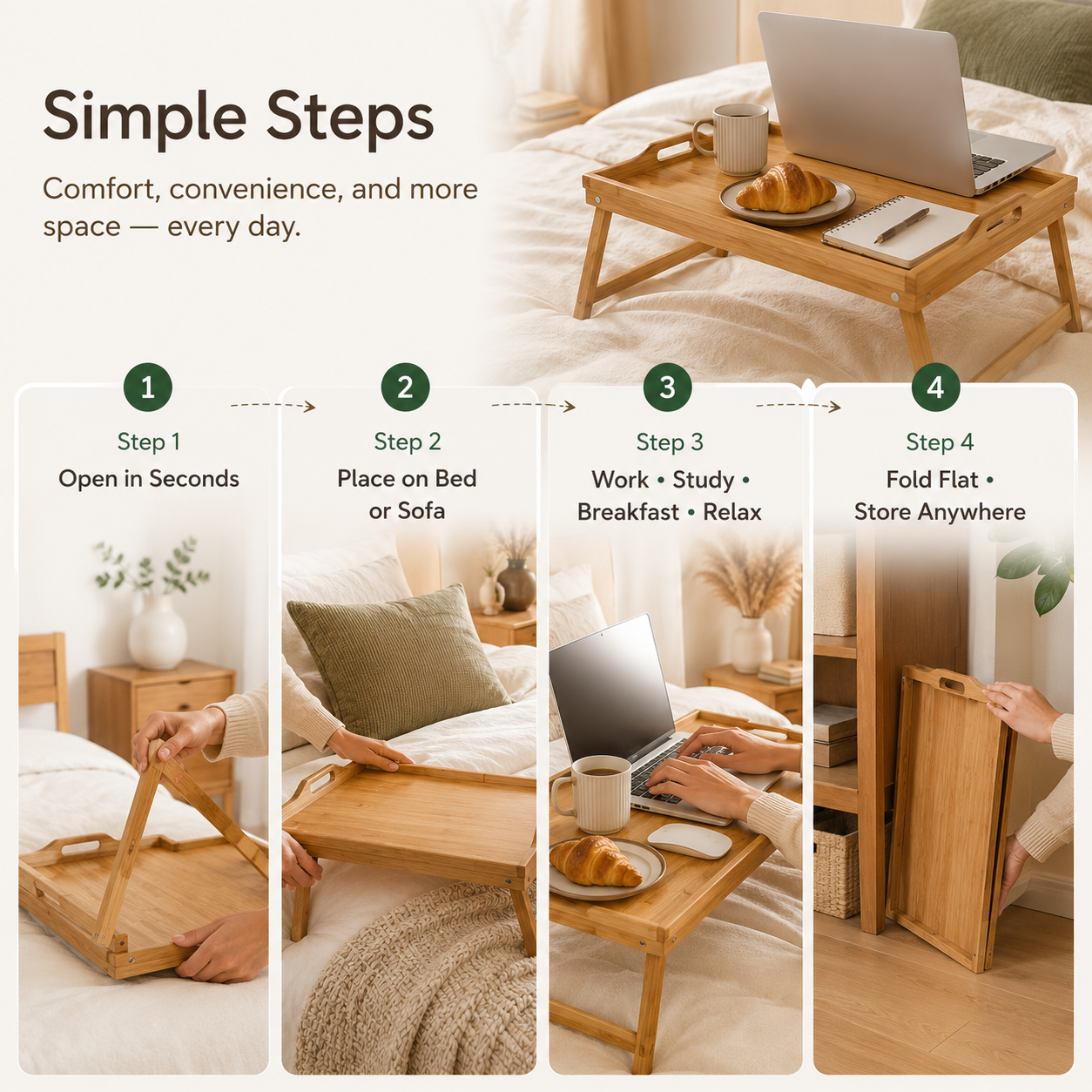 AmaHome Bamboo Bed Tray Table – Folding Laptop Desk and Breakfast Serving Tray