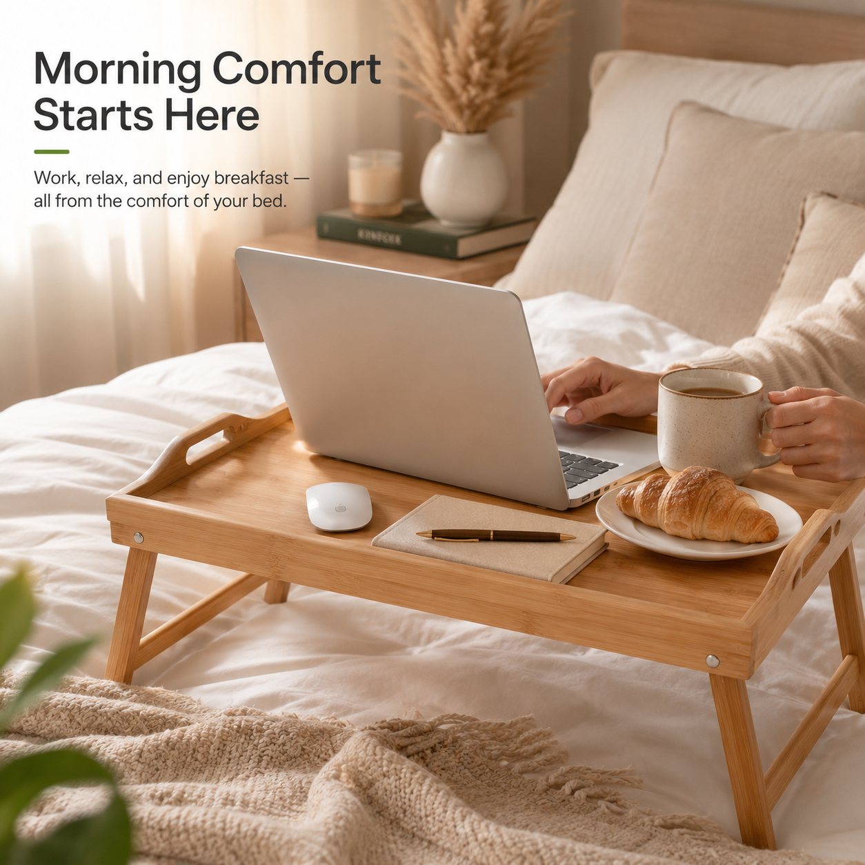 AmaHome Bamboo Bed Tray Table – Folding Laptop Desk and Breakfast Serving Tray
