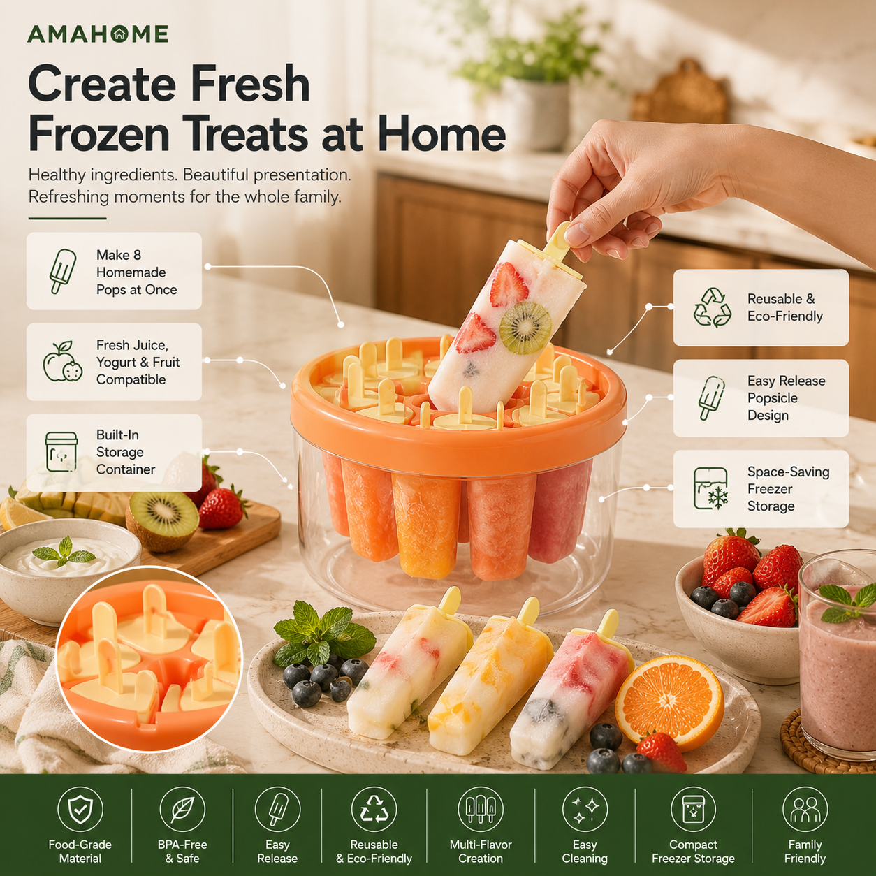 AmaHome IceXream Reusable Popsicle Mold – Multi-Cavity Easy-Release Ice Pop Maker