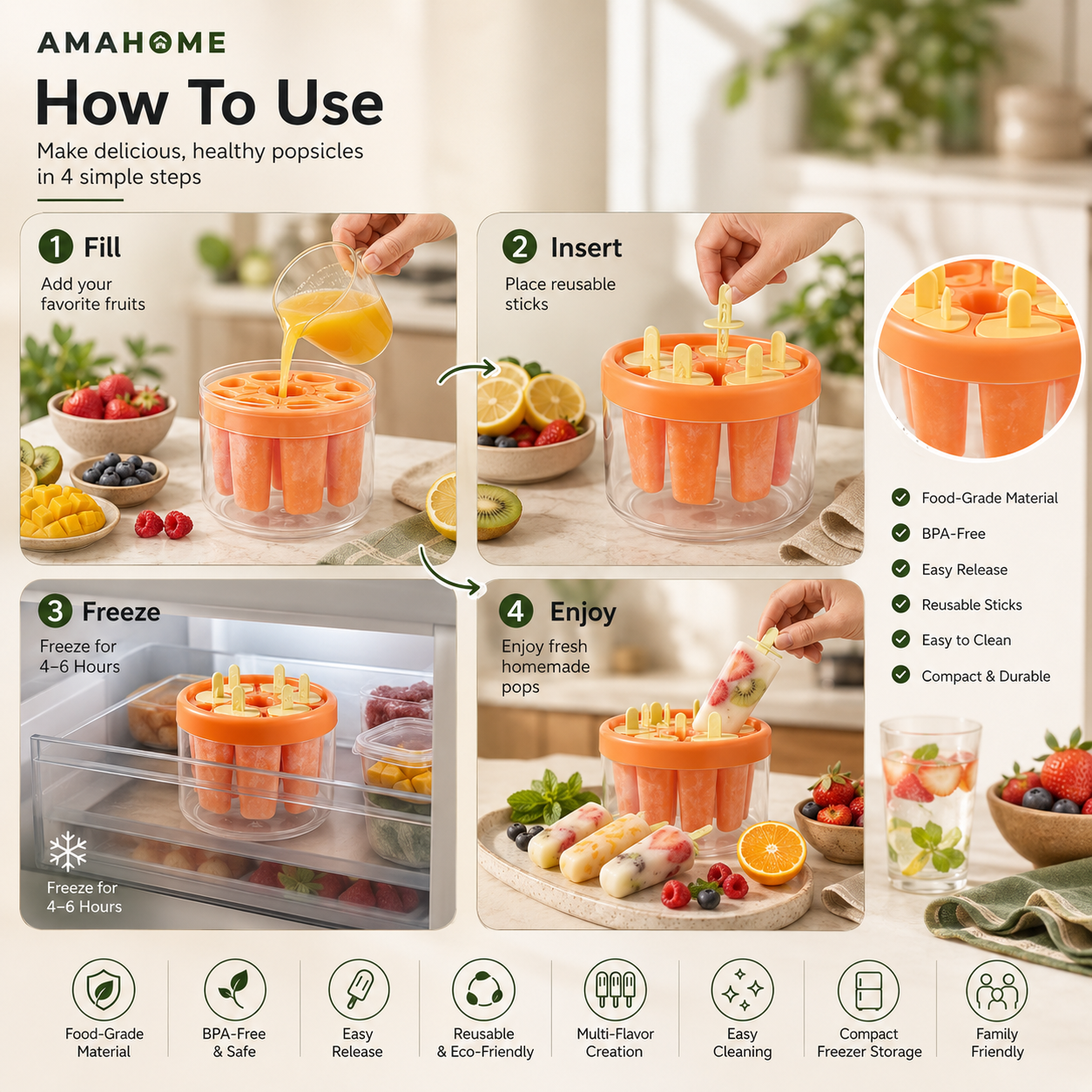AmaHome IceXream Reusable Popsicle Mold – Multi-Cavity Easy-Release Ice Pop Maker