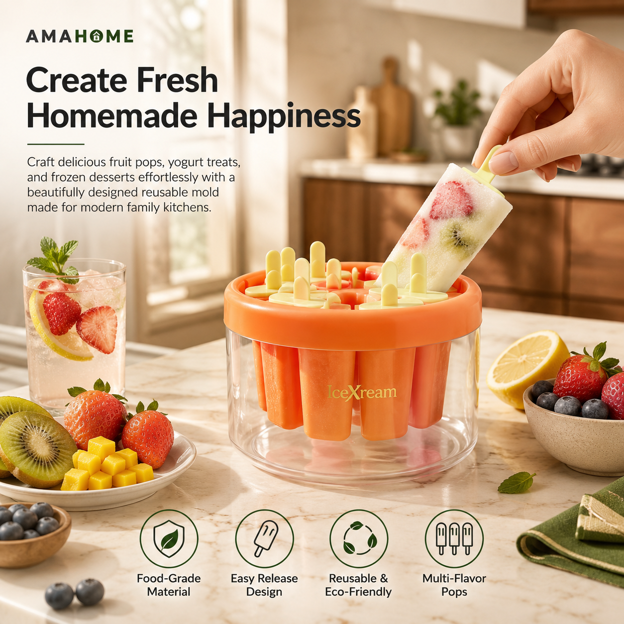 AmaHome IceXream Reusable Popsicle Mold – Multi-Cavity Easy-Release Ice Pop Maker