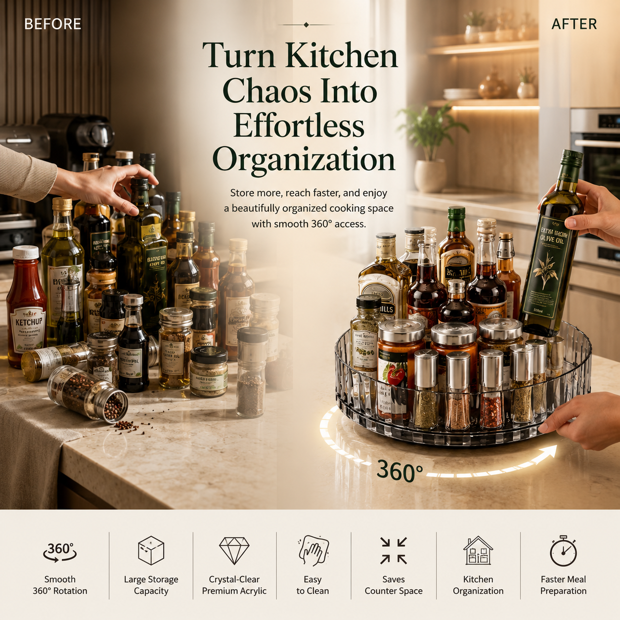 360° Rotating Acrylic Spice Rack & Kitchen Organizer