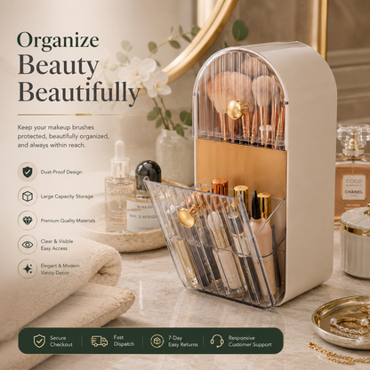 A beige and clear acrylic makeup brush organizer with a pull-out drawer, shown holding makeup brushes and bottles on a vanity. The scene includes promotional text on the left and decorative cosmetics in the background.