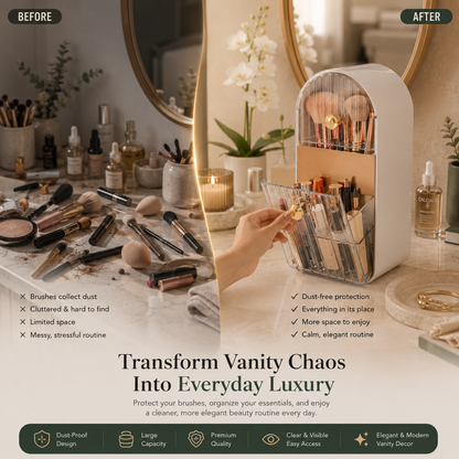 A vanity makeup organizer shown in a styled bathroom setting with a hand opening a transparent drawer, alongside before-and-after text and product feature icons. The organizer is white with a clear top and beige interior compartments.