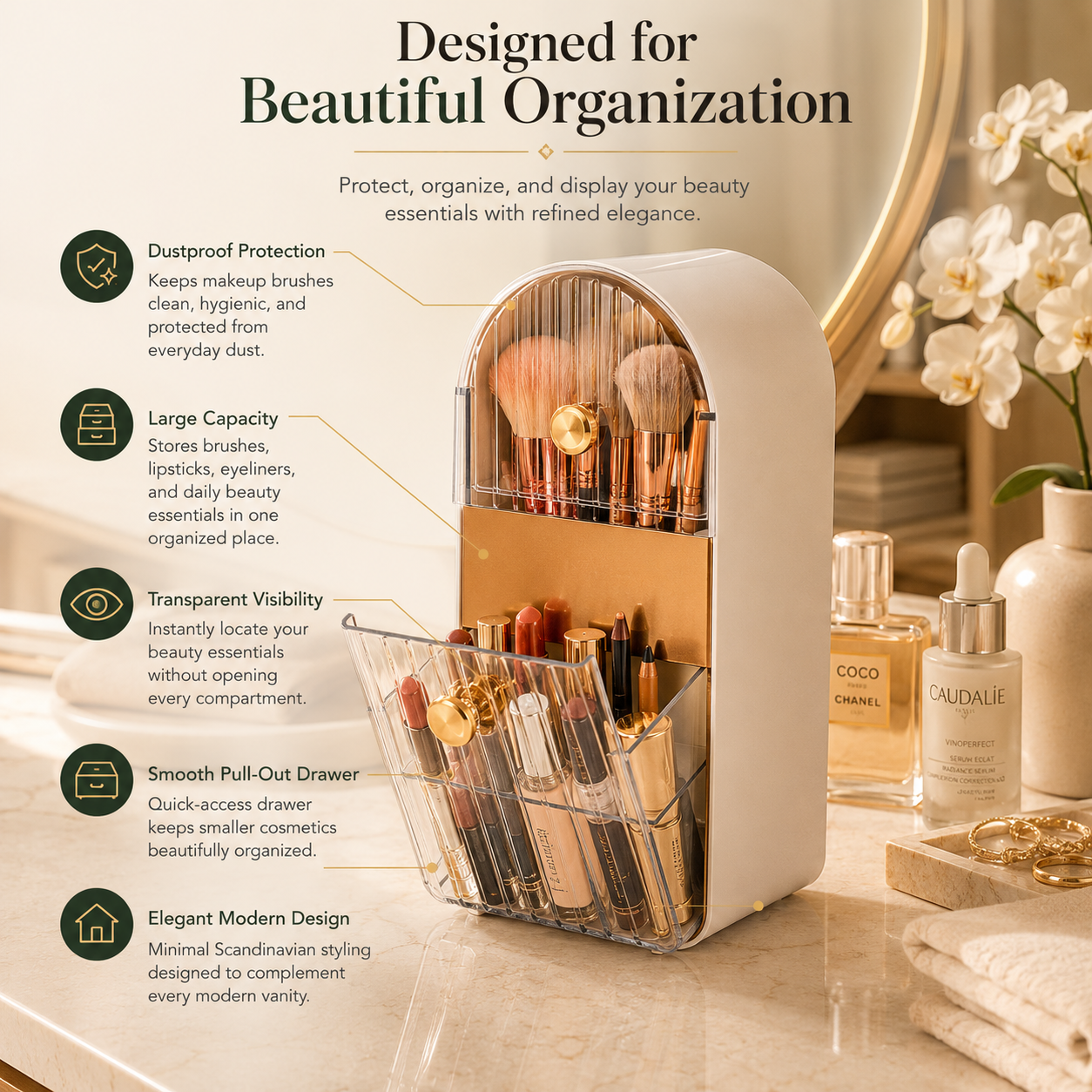A clear acrylic makeup organizer with rose gold metal dividers and rose gold handles, shown on a marble surface with beauty products and text callouts describing its features.