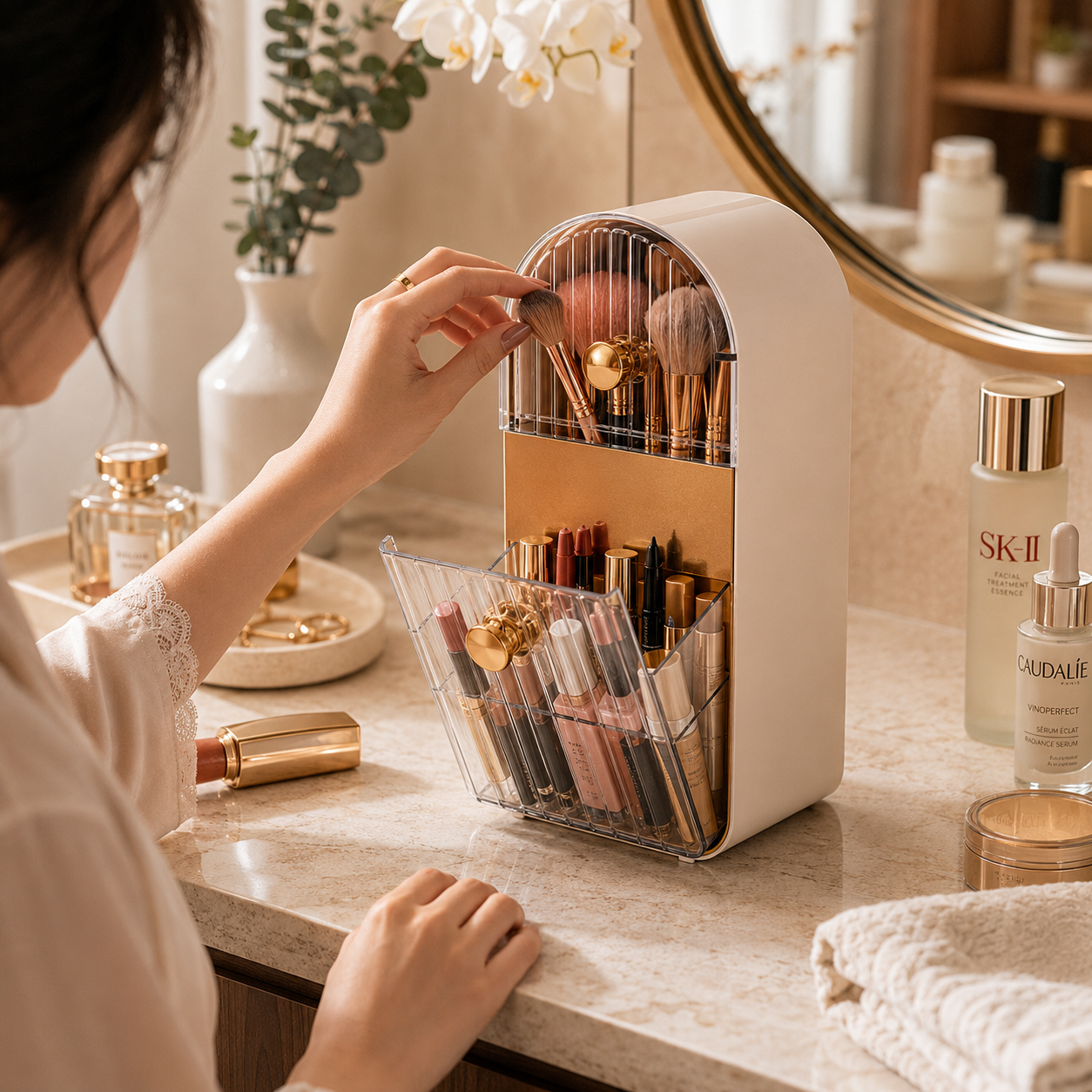 A woman organizes makeup items in a white and gold vanity organizer with a clear sliding drawer on a marble bathroom counter.