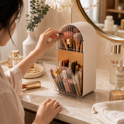 A woman organizes makeup items in a white and gold vanity organizer with a clear sliding drawer on a marble bathroom counter.