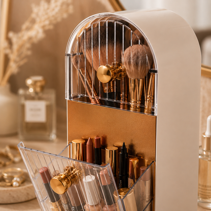 A cream-colored makeup organizer with a clear arched top holding makeup brushes and a sliding clear front drawer containing lipsticks and cosmetics, styled on a vanity with perfume bottles in the background.