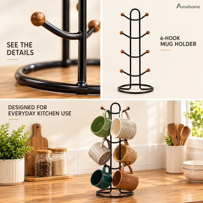 6 Hook Mug Holder – Rotating Coffee Cup Storage Rack