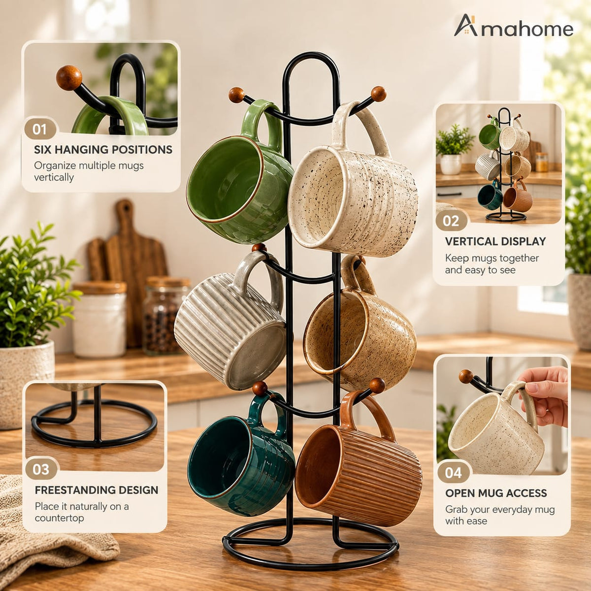 6 Hook Mug Holder – Rotating Coffee Cup Storage Rack