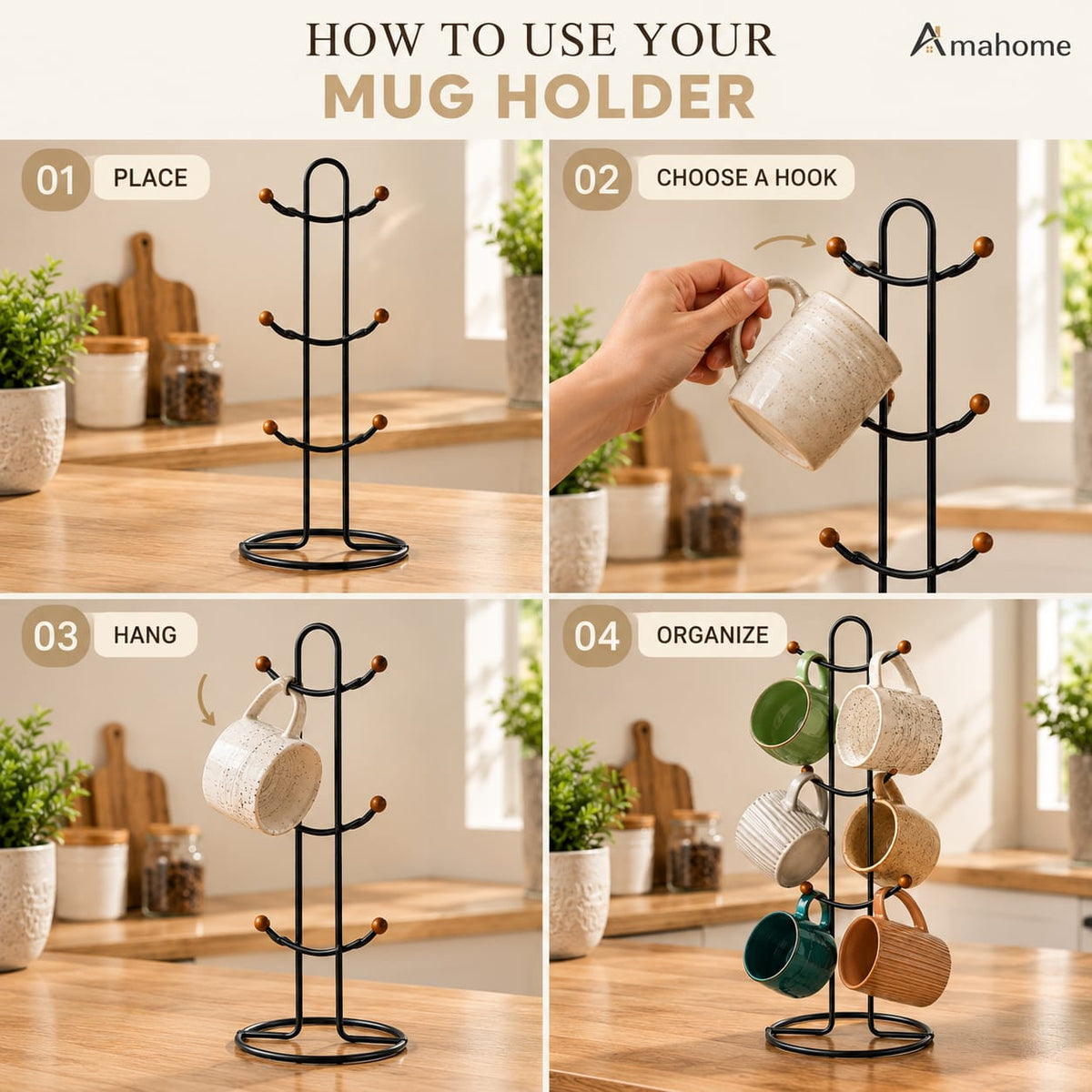 6 Hook Mug Holder – Rotating Coffee Cup Storage Rack