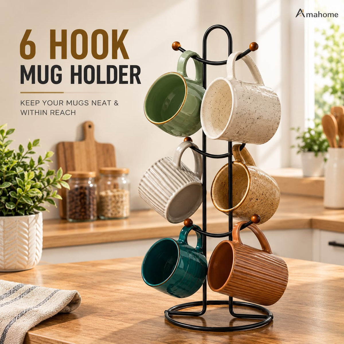 6 Hook Mug Holder – Rotating Coffee Cup Storage Rack