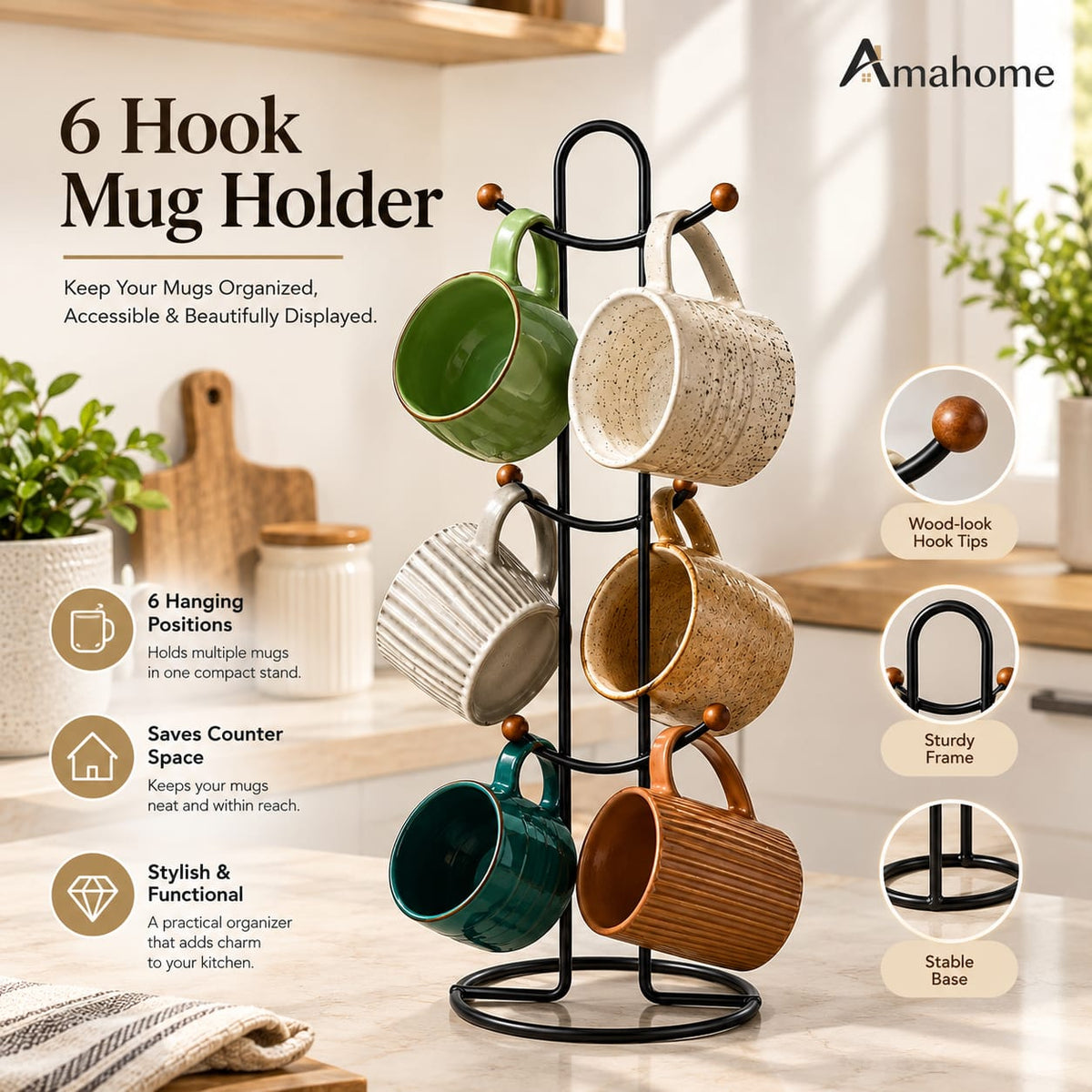 6 Hook Mug Holder – Rotating Coffee Cup Storage Rack