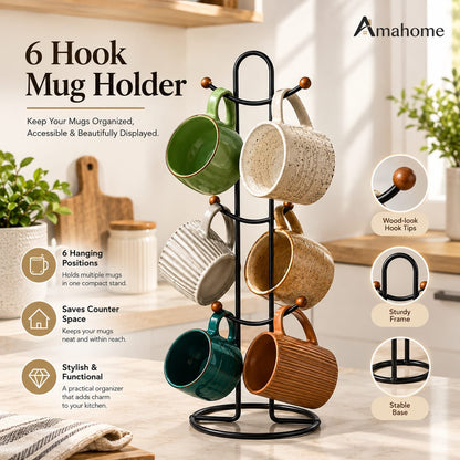 6 Hook Mug Holder – Rotating Coffee Cup Storage Rack