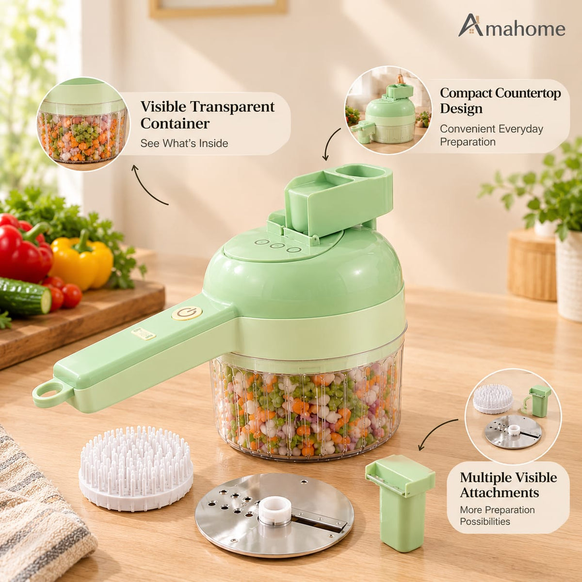 Multifunctional Electric Vegetable Chopper & Meat Mincer – 4-in-1 USB Rechargeable Kitchen Cutter