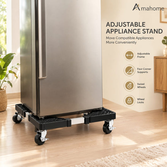 Adjustable Washing Machine & Refrigerator Stand – 40–60cm Movable Appliance Base with Wheels