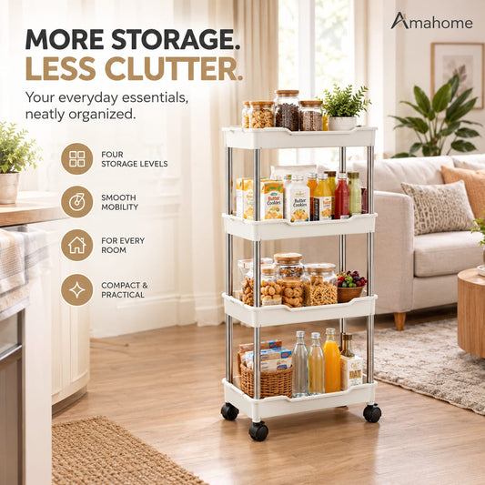 4-Tier Multipurpose Storage Rack – Slim Rolling Organizer Trolley with Wheels for Kitchen, Bathroom & Home