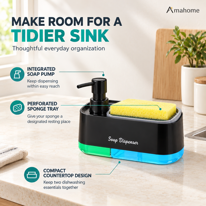 2-in-1 Kitchen Dish Soap Pump Dispenser with Sponge Holder Tray - Dual Compartment Large Capacity Liquid Soap Dispenser for Countertop