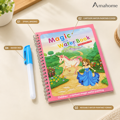Magic Water Coloring Book for Kids – Reusable Water Painting Activity Book with Water Pen