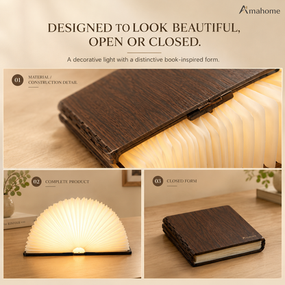 Foldable Book-Shaped LED Lamp – 3 Color Modes USB Rechargeable Decorative Night Light